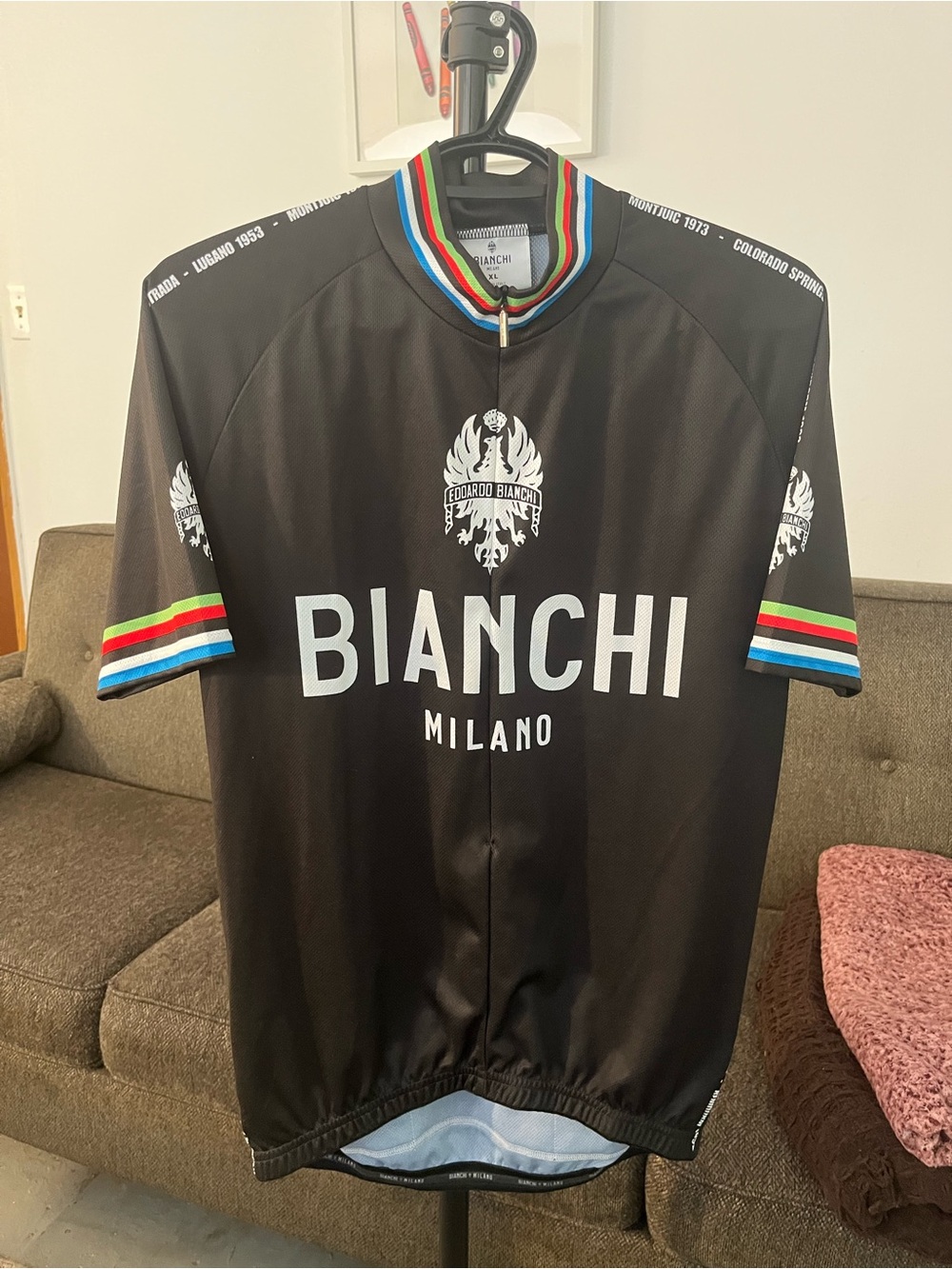 Bianchi Milano Men's Black Cycling Jersey with Rainbow Trim